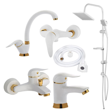 ست شیرآلات فراست پویا مدل صدف مجموعه 4 عددی به همراه علم دوش حمام و شلنگ توالت