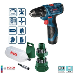 دریل پیچ گوشتی بوش مدل GSR-120LI+EXTRA به همراه مجموعه 25 عددی سری پیچ گوشتی