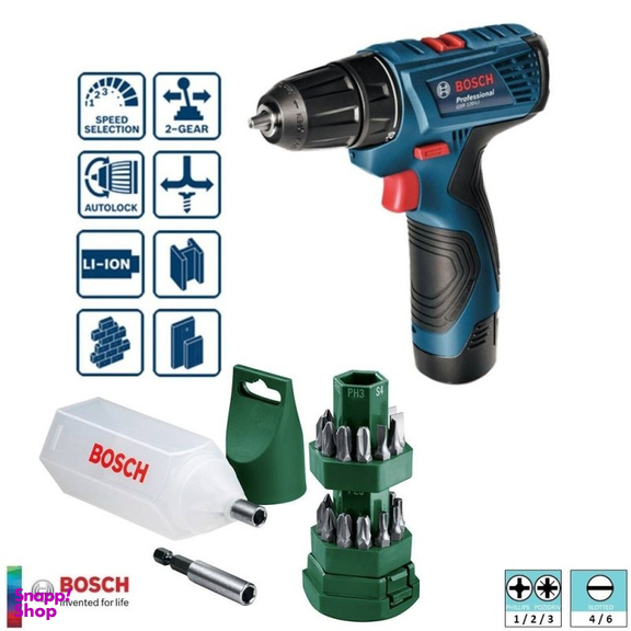 دریل پیچ گوشتی بوش مدل GSR-120LI+EXTRA به همراه مجموعه 25 عددی سری پیچ گوشتی