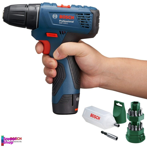 دریل پیچ گوشتی بوش مدل GSR-120LI+EXTRA به همراه مجموعه 25 عددی سری پیچ گوشتی