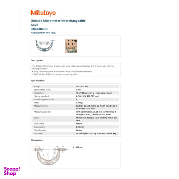 میکرومتر میتوتویو (Mitutoyo) کد 104-142 گستره 300-400 میلی متر