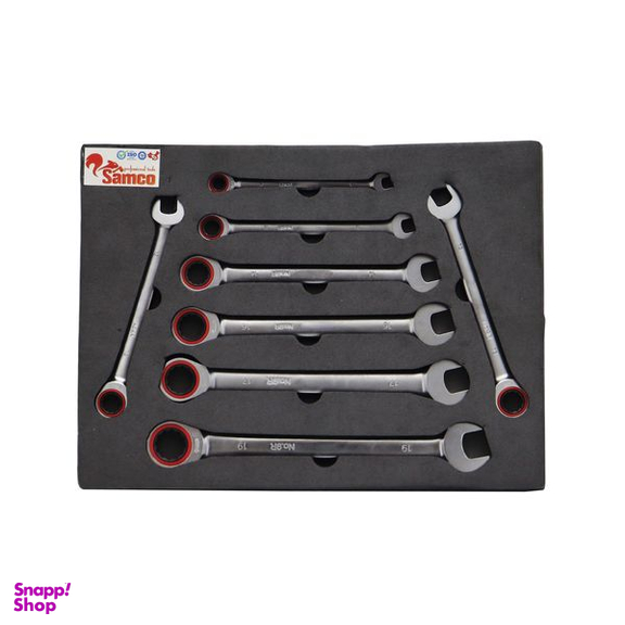 آچار یکسر تخت و یکسر رینگی جغجغه ای سامکو مدل YP-AT-8-19MM مجموعه 8 عددی