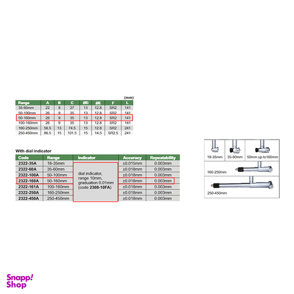 بور گیج 160 - 50 میلی‌ متر اینسایز (Insize) مدل 2322-160A