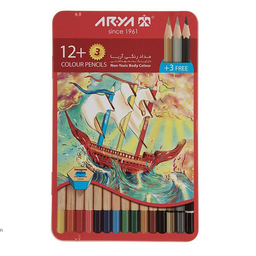 مداد رنگی آریا (Aria) بسته 12+3 رنگ جعبه فلزی