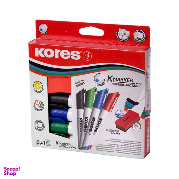 ماژیک وایت برد کورس (Kores) بسته 4 رنگ به همراه تخته پاکن