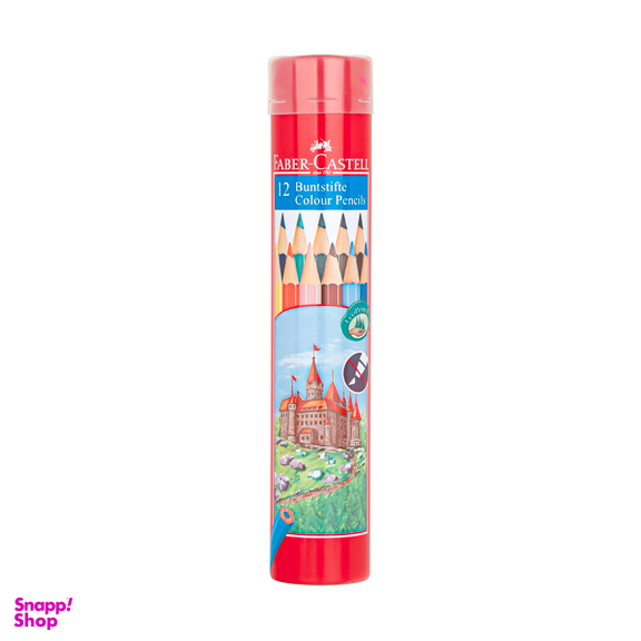 مداد رنگی 12 رنگ فابر کاستل (Faber Castell) مدل جعبه فلزی استوانه ای طرح قلعه