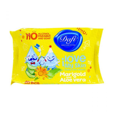 دستمال مرطوب پاک کننده کودک دافی (Dafi)مدل Mari gold and Aloe vera بسته 20 عددی