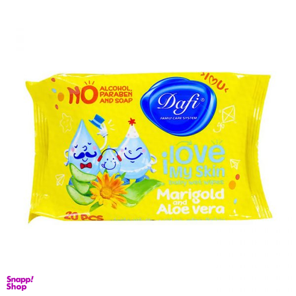 دستمال مرطوب پاک کننده کودک دافی (Dafi)مدل Mari gold and Aloe vera بسته 20 عددی
