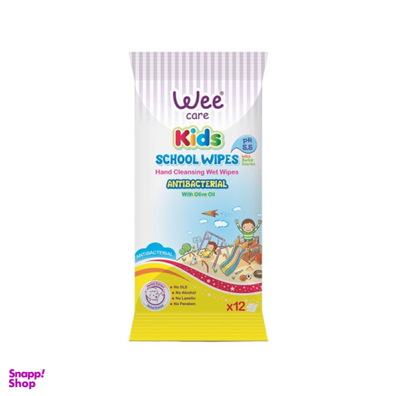 دستمال مرطوب مدرسه وی کر (Wee Care) مدل Antibacterial بسته 12 عددی