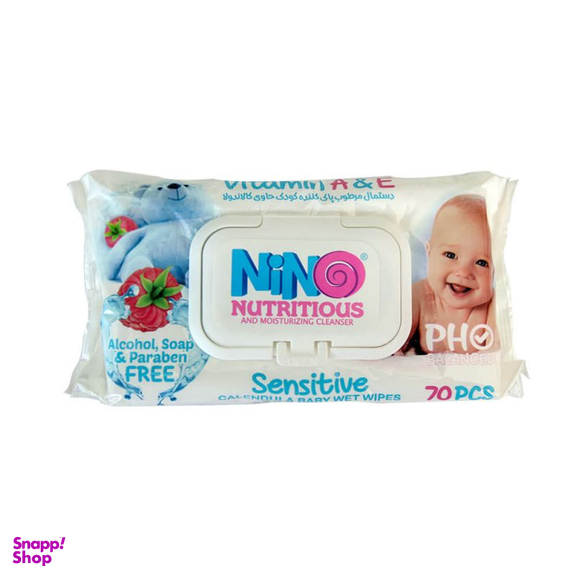 دستمال مرطوب کودک حساس نینو طرح میوه ای درب دار بسته 70 عددی