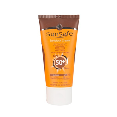 کرم ضد آفتاب +SPF50 سان سیف (Sun safe) فاقد چربی بدون رنگ آنتی آکنه وزن 50 گرم