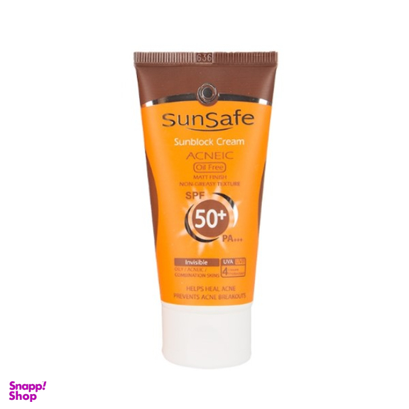 کرم ضد آفتاب +SPF50 سان سیف (Sun safe) فاقد چربی بدون رنگ آنتی آکنه وزن 50 گرم