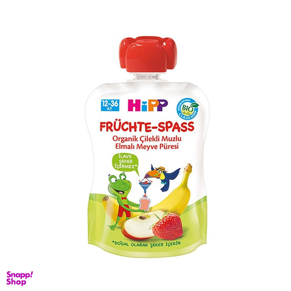 پوره ساندیسی هیپ (Hipp) با طعم سیب و موز و توت فرنگی +12 وزن 90 گرم