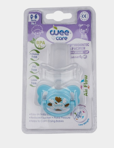 پستانک ارتودنسی سفید چاپدار وی کر (wee care) مدل دربدار پروانه ای کد P124 سایز1