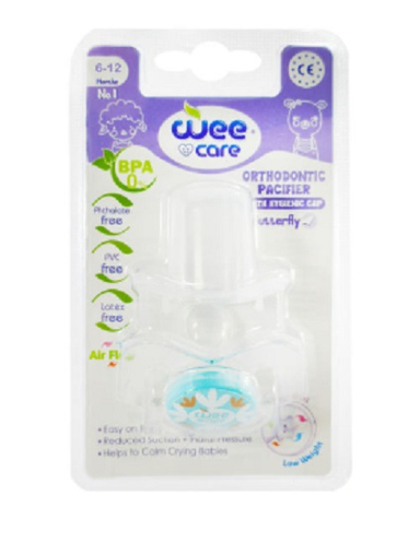 پستانک ارتودنسی سفید چاپدار وی کر (wee care) مدل دربدار پروانه ای کد P125 سایز2