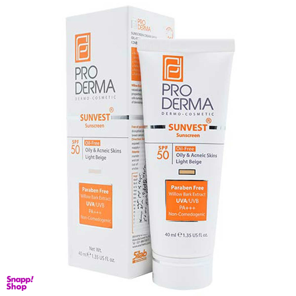 کرم ضد آفتاب پرودرما (Proderma) با SPF 50 مناسب برای پوست چرب رنگ بژ روشن حجم 50 میلی لیتر