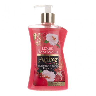 مایع دستشویی اکتیو (Active) مدل صدفی صورتی با رایحه انار و گل وزن 450 گرم