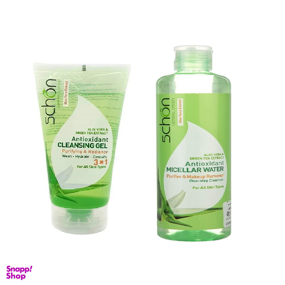 ژل شستشو شون(Schon)مدل آلویه ورا و چای سبز حجم 150 میلی لیتر+محلول پاک‌ کننده مدل آنتی اکسیدان حجم300 میلی لیتر