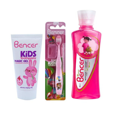 مسواک کودک بنسر(Bencer) مدل Pink با برس نرم + دهانشویه مدل Booحجم 300 میلی لیتر+ خمیردندان مدل توت فرنگی وزن60 گرم