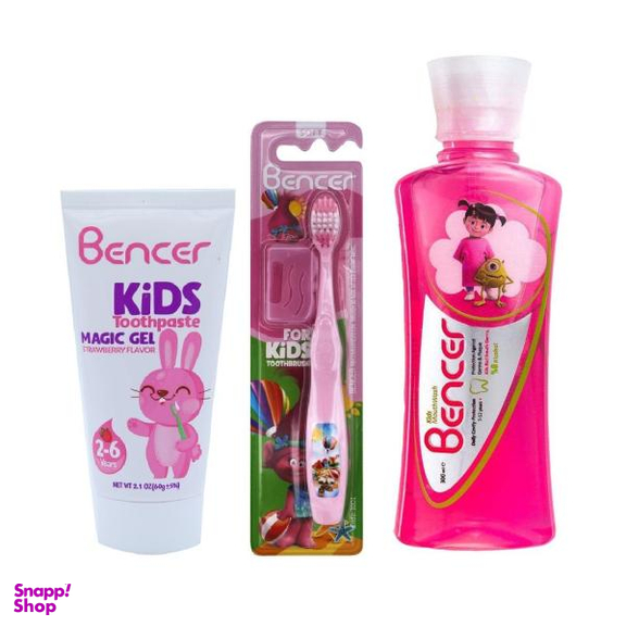 مسواک کودک بنسر(Bencer) مدل Pink با برس نرم + دهانشویه مدل Booحجم 300 میلی لیتر+ خمیردندان مدل توت فرنگی وزن60 گرم