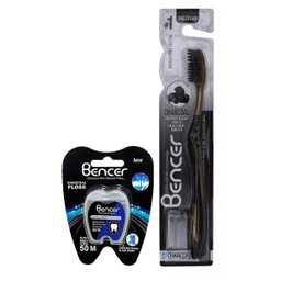 مسواک بنسر (Bencer) مدل Golden Charcoal با برس متوسط به همراه نخ دندان بنسر مدل Charcoal