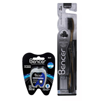 مسواک بنسر (Bencer) مدل Golden Charcoal با برس متوسط به همراه نخ دندان بنسر مدل Charcoal