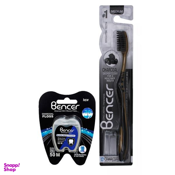مسواک بنسر (Bencer) مدل Golden Charcoal با برس متوسط به همراه نخ دندان بنسر مدل Charcoal