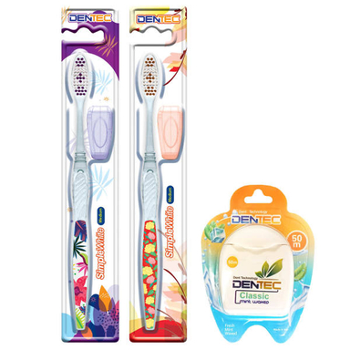 مسواک دن تک (Dentec) مدل Tooth M+Fl با برس متوسط مجموعه 2 عددی به همراه نخ دندان مدل Mint
