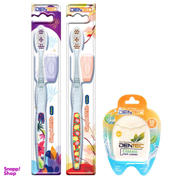 مسواک دن تک (Dentec) مدل Tooth M+Fl با برس متوسط مجموعه 2 عددی به همراه نخ دندان مدل Mint