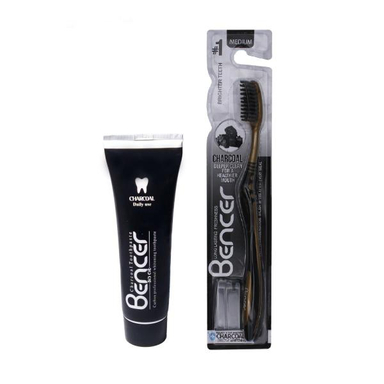 مسواک بنسر (Bencer) مدل Golden Charcoal با برس متوسط به همراه خمیر دندان بنسر مدل Charcoal وزن 120 گرم