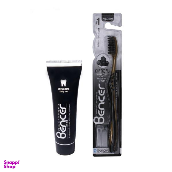 مسواک بنسر (Bencer) مدل Golden Charcoal با برس متوسط به همراه خمیر دندان بنسر مدل Charcoal وزن 120 گرم
