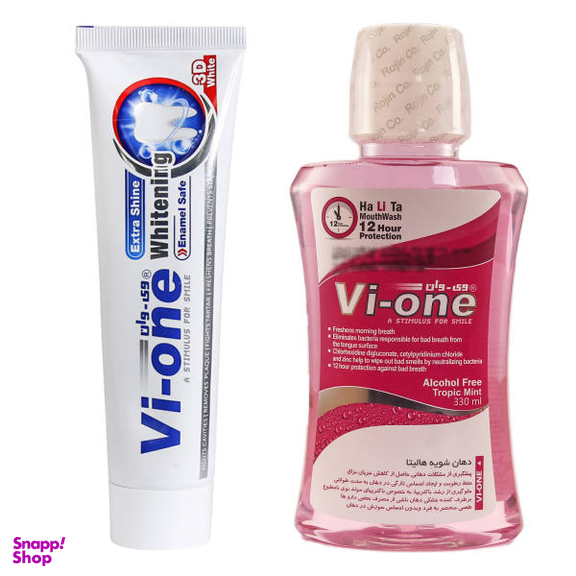 خمیر دندان وی وان (Vi One) مدل سفیدکننده حجم 90 میلی لیتر + دهان شویه وی وان (Vi One) مدل هالیتا حجم 330 میلی لیتر