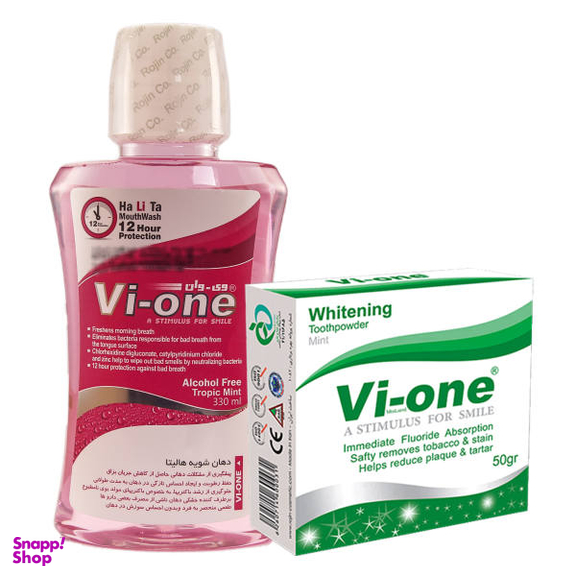 دهان شویه وی وان (Vi One) مدل هالیتا حجم 330 میلی لیتر به همراه پودر سفید کننده مدل Mint