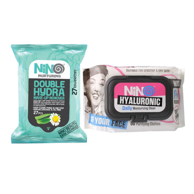 دستمال مرطوب نینو (Nino) مدل Hyaluronic بسته 50 عددی به همراه دستمال مرطوب نینو مدل Double Hydra بسته 27 عددی