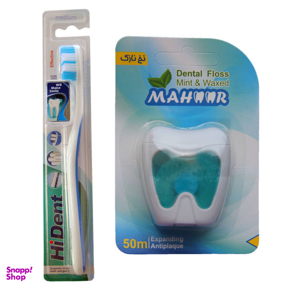 نخ دندان ماهور (Mahoor) مدل نعناع به همراه مسواک هایدنت (Hi Dent) مدل 940 با برس متوسط