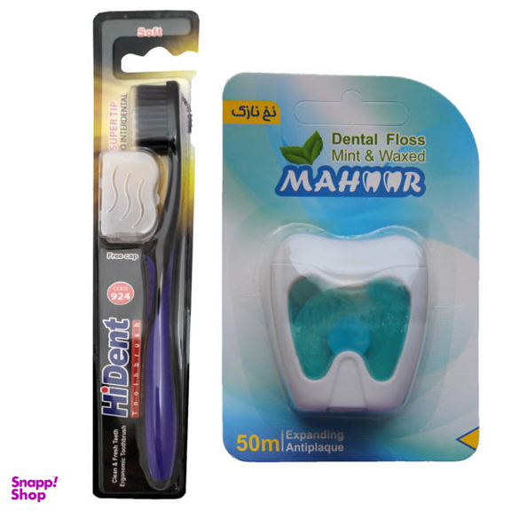 نخ دندان ماهور (Mahoor) مدل نعناع به همراه مسواک هایدنت (Hi Dent) مدل 924 با برس نرم