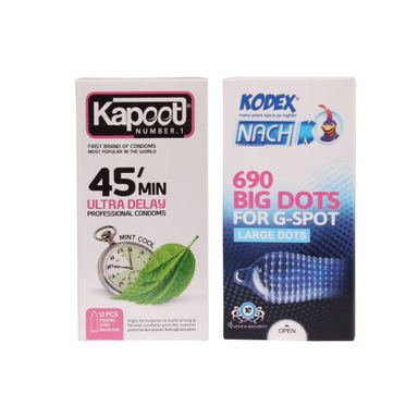 کاندوم کاپوت (Kapoot) مدل 45min بسته 12 عددی به همراه کاندوم ناچ کدکس مدل 690 Big Dots بسته 10 عددی