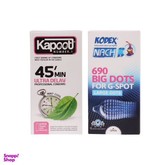 کاندوم کاپوت (Kapoot) مدل 45min بسته 12 عددی به همراه کاندوم ناچ کدکس مدل 690 Big Dots بسته 10 عددی