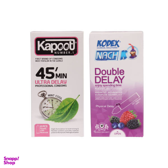 کاندوم کاپوت (Kapoot) مدل 45min بسته 12 عددی به همراه کاندوم ناچ کدکس مدل Double Delay بسته 10 عددی