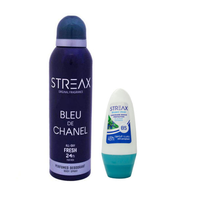 اسپری ضد تعریق مردانه استریکس (Streax) مدل Blue De Chanel حجم 200 میلی لیتر+رول ضد تعریق Blue De Chanel حجم 50 میلی لیتر
