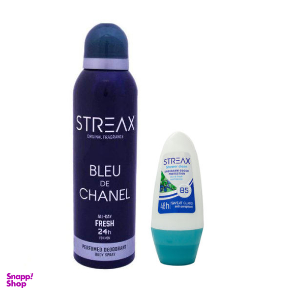 اسپری ضد تعریق مردانه استریکس (Streax) مدل Blue De Chanel حجم 200 میلی لیتر+رول ضد تعریق Blue De Chanel حجم 50 میلی لیتر