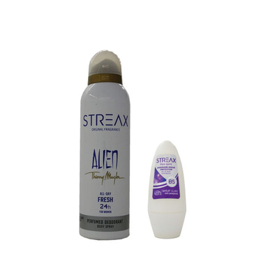 اسپری ضد تعریق زنانه استریکس (Streax) مدل Alien حجم 200 میلی لیتر به همراه رول ضد تعریق مدل Alien حجم 50 میلی لیتر
