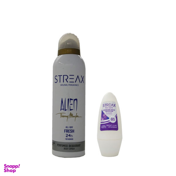 اسپری ضد تعریق زنانه استریکس (Streax) مدل Alien حجم 200 میلی لیتر به همراه رول ضد تعریق مدل Alien حجم 50 میلی لیتر