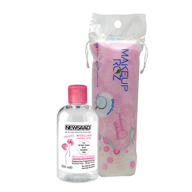 محلول پاک کننده آرایش نیوساد(Newsaad)مدل Parabens Free حجم 250 میلی لیتر+پد پاک کننده آرایش میکاپ رز مدل 01 بسته 92 عددی
