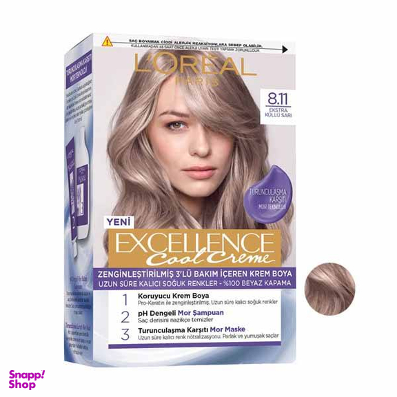کیت رنگ مو لورآل (Loreal) مدل Excellence شماره 8.11 حجم رنگ دودی نسکافه ای 48 میلی لیتر