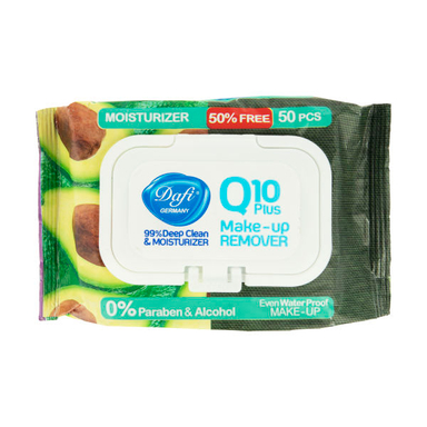 دستمال مرطوب پاک کننده آرایش دافی مدل Q10 PLUS بسته 50 عددی