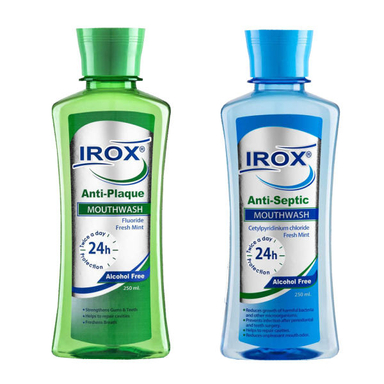 دهان شویه ایروکس (Irox) مدل آنتی سپتیک حجم 250 میلی لیتر به همراه دهان شویه ایروکس مدل آنتی پلاک