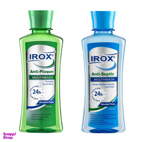 دهان شویه ایروکس (Irox) مدل آنتی سپتیک حجم 250 میلی لیتر به همراه دهان شویه ایروکس مدل آنتی پلاک