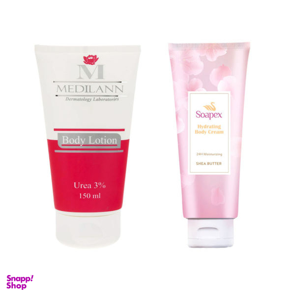 لوسیون بدن مدیلن (Medilan) مدل Q1 حجم 150 میلی لیتر به همراه لوسیون بدن سوپکس (Soapex) مدل Shea Butter حجم 130 میلی لیتر