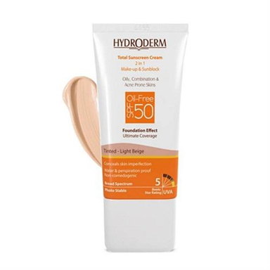 کرم ضد آفتاب رنگی فاقد چربی بژ روشن هیدرودرم (Hydroderm) SPF50